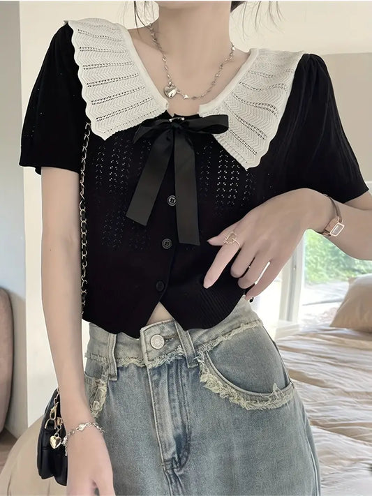 Women'S Sweet Style Crochet Cardigan Top with Ruffled Collar & Bow Detail - Black Short Sleeve Button-Up Blouse, Casual Summer Outfit, Non-Stretch Fabric, Regular Fit, Crochet Blouse