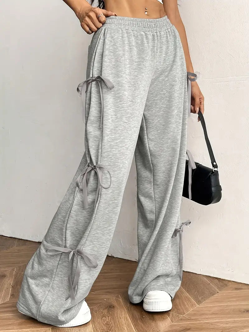 Elegant Women's Solid Color Jogger Pants | Wide-Leg, Machine-Washable, Casual Athletic Lounge Pants with Bow Accents, Side Pockets, Drawstring Waist, Quality Stitching