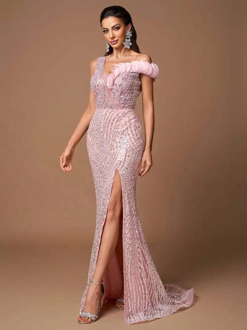 Elegant Women's Asymmetric One-Shoulder Sequin Evening Gown with High Slit - Mermaid Train Long Dress for Weddings, Galas & Proms, Hand Wash Only, Spring/Summer Formal Attire