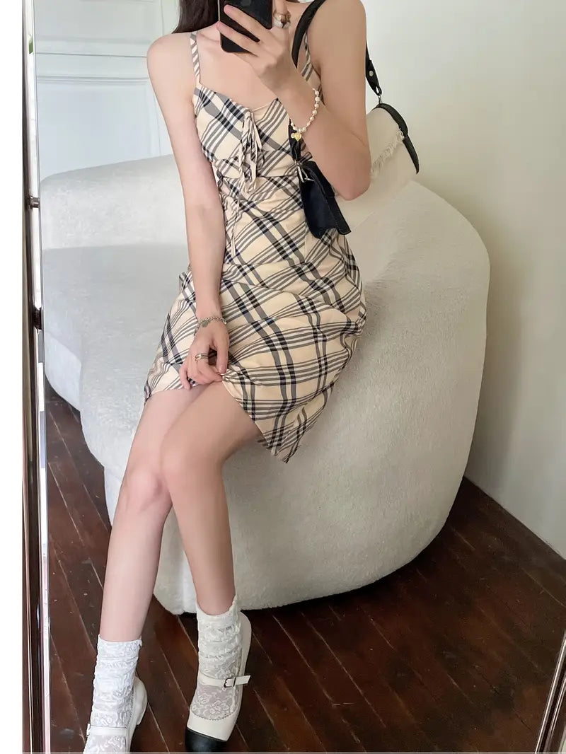 Women's Beige & Black Checkered A-Line mini dress - Adjustable front tie-up, non-stretch pencil skirt for party, date, vacation - Elegant Women's Formal & Casual Outfits, Summer Fashion, Fitted Silhouette, Lightweight Fabric, Trendy Women