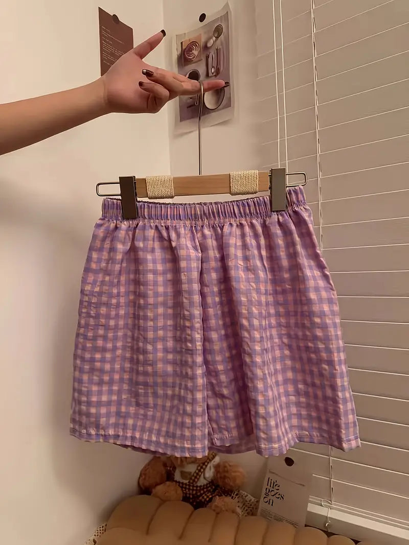 Women'S Light Purple Gingham Check Flared Shorts - Casual Summer Wide-Leg Pants with Elastic Waist, Loose Fit for Comfortable Home Wear, Comfortable Clothing | Relaxed Fit Shorts | Glossy Fabric Shorts