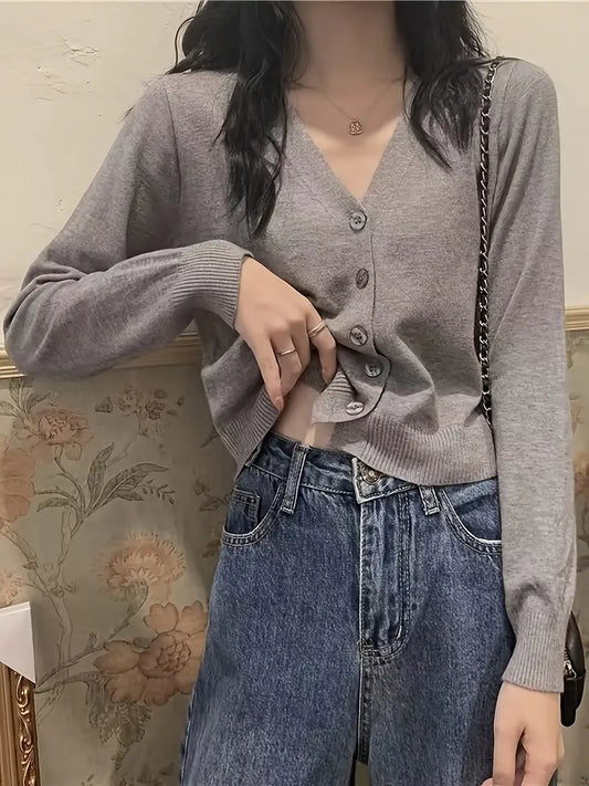 Women'S Stylish Gray V-Neck Cardigan - Thin Knit Short Jacket for Spring & Fall, Perfect for Casual Attire, Casual Attire Jacket|Vneck Cardigan|Stretchy Fabric