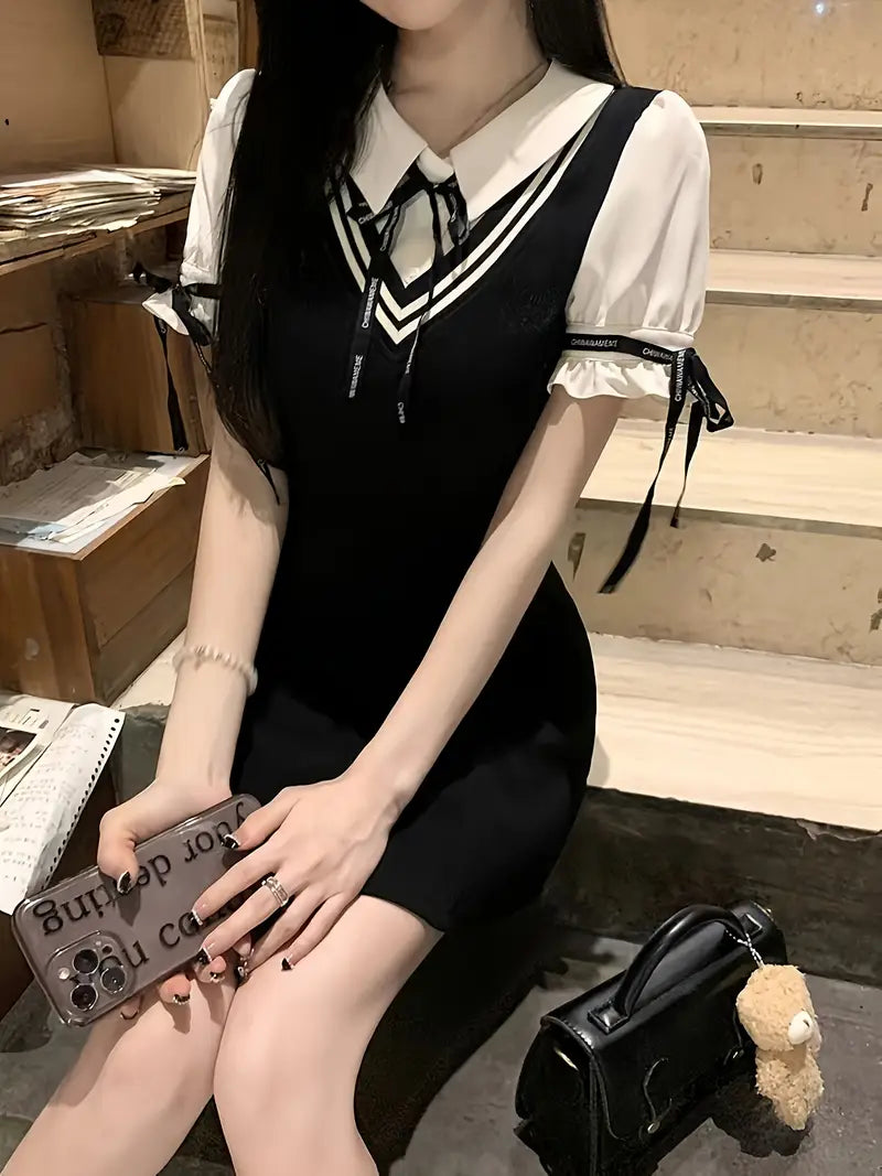 Women's One-Piece Fake Two-Piece dress - Preppy Chic with Adjustable Collar & Cuffs, Flattering A-Line Mini Skirt, Black & White colorblock Outfit for Office