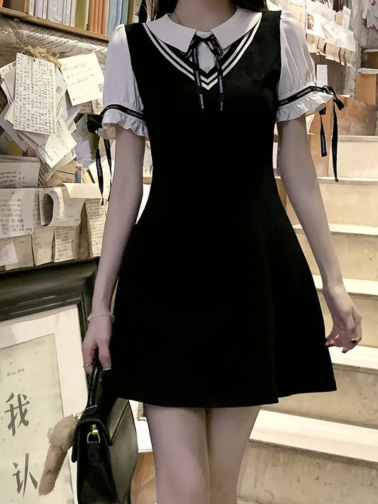 Women's One-Piece Fake Two-Piece dress - Preppy Chic with Adjustable Collar & Cuffs, Flattering A-Line Mini Skirt, Black & White colorblock Outfit for Office