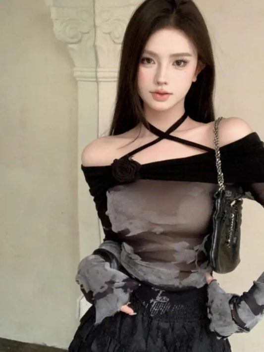 Women's Elegant Halter Neck Crop Top with Long Flared Sleeves - Contrast Color Fitted T-Shirt, Solid Color All-Season Machine Washable Blouse for Casual & Formal Outfits, Casual Chic Top | Flared Sleeve Blouse | Trendy Crop Top, Ladies Blouses