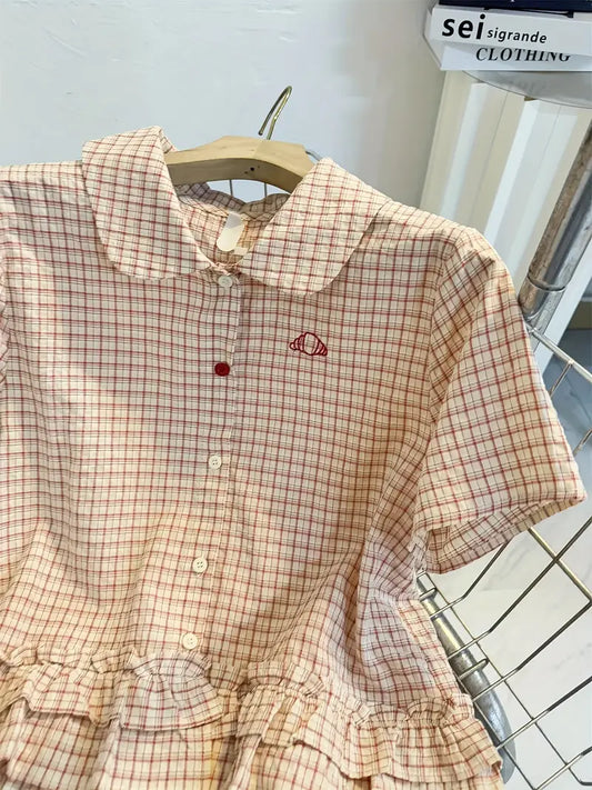 Elegant Women's Red Plaid Short Sleeve Blouse | Loose Fit Button-Up Shirt with Ruffled Hem - Casual Summer Top
