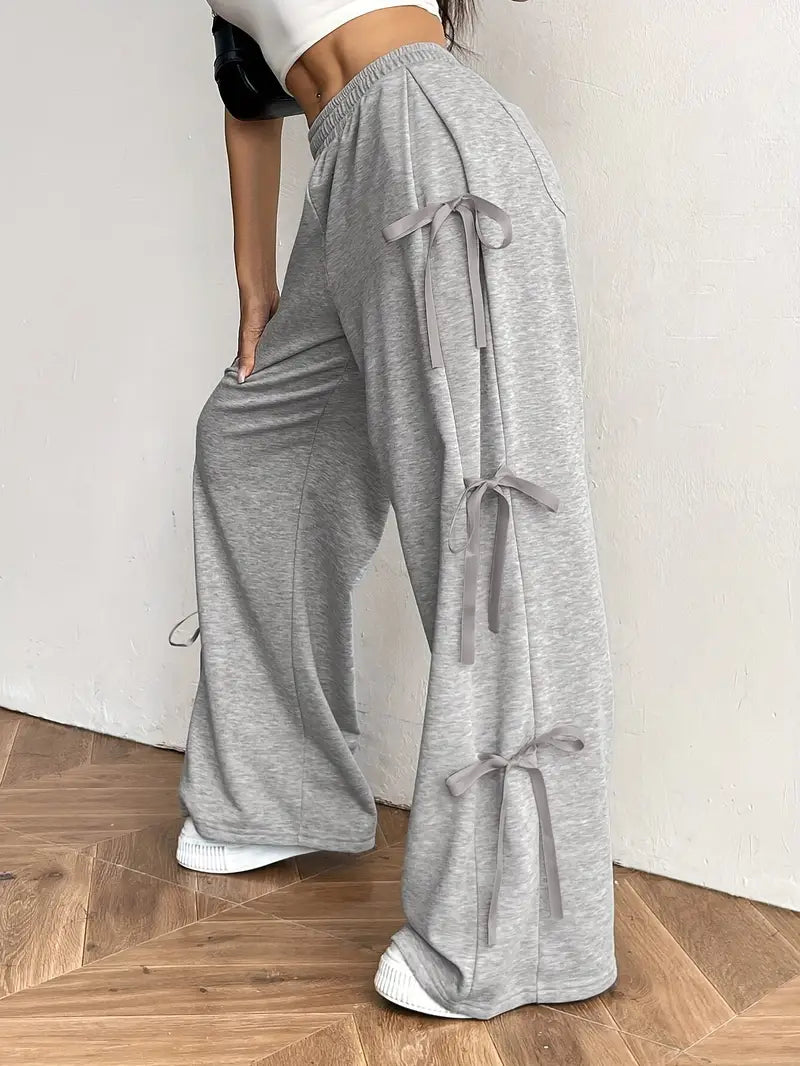 Elegant Women's Solid Color Jogger Pants | Wide-Leg, Machine-Washable, Casual Athletic Lounge Pants with Bow Accents, Side Pockets, Drawstring Waist, Quality Stitching