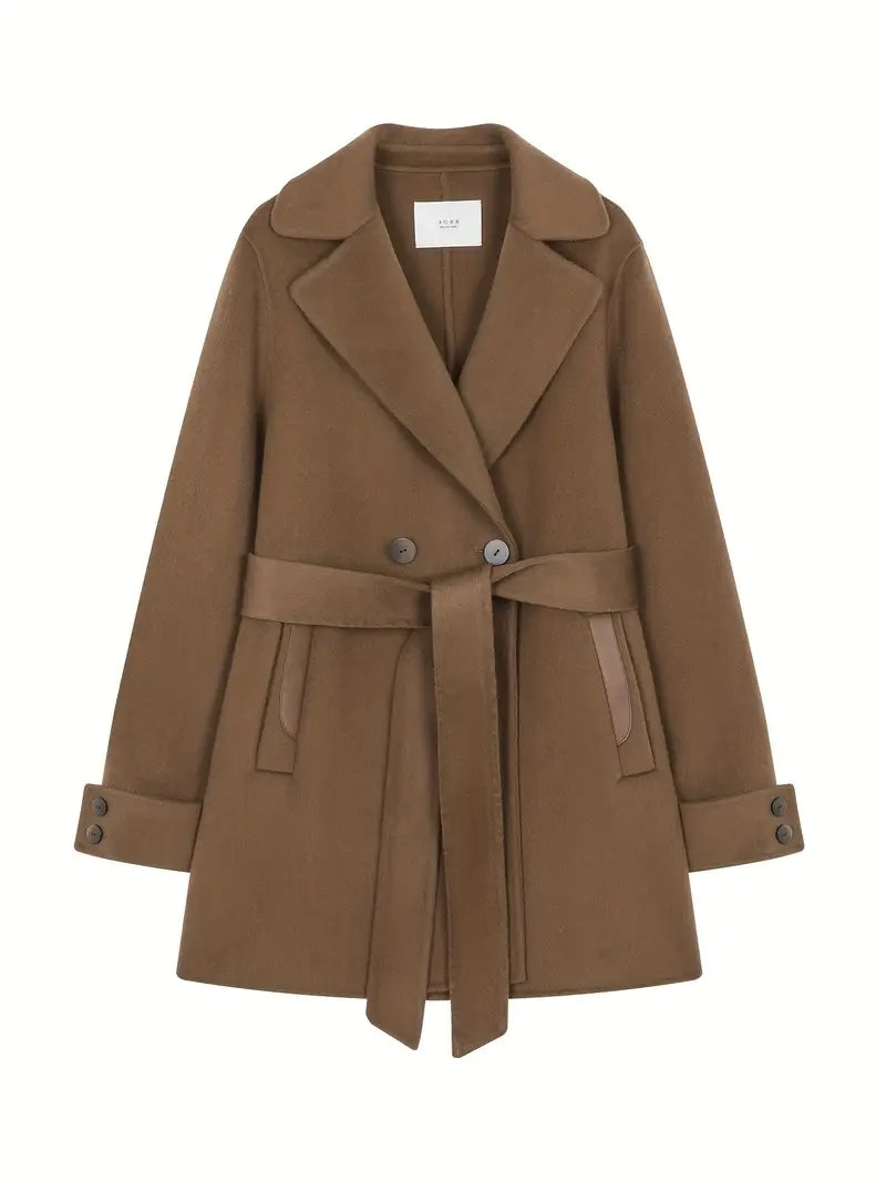 Women's 100% Wool Winter Coat - Handcrafted Double-Breasted Notch Lapel Trench Coat with Adjustable Waist Belt, H-Silhouette Regular Fit, Solid Color Elegant Office & Casual Outerwear