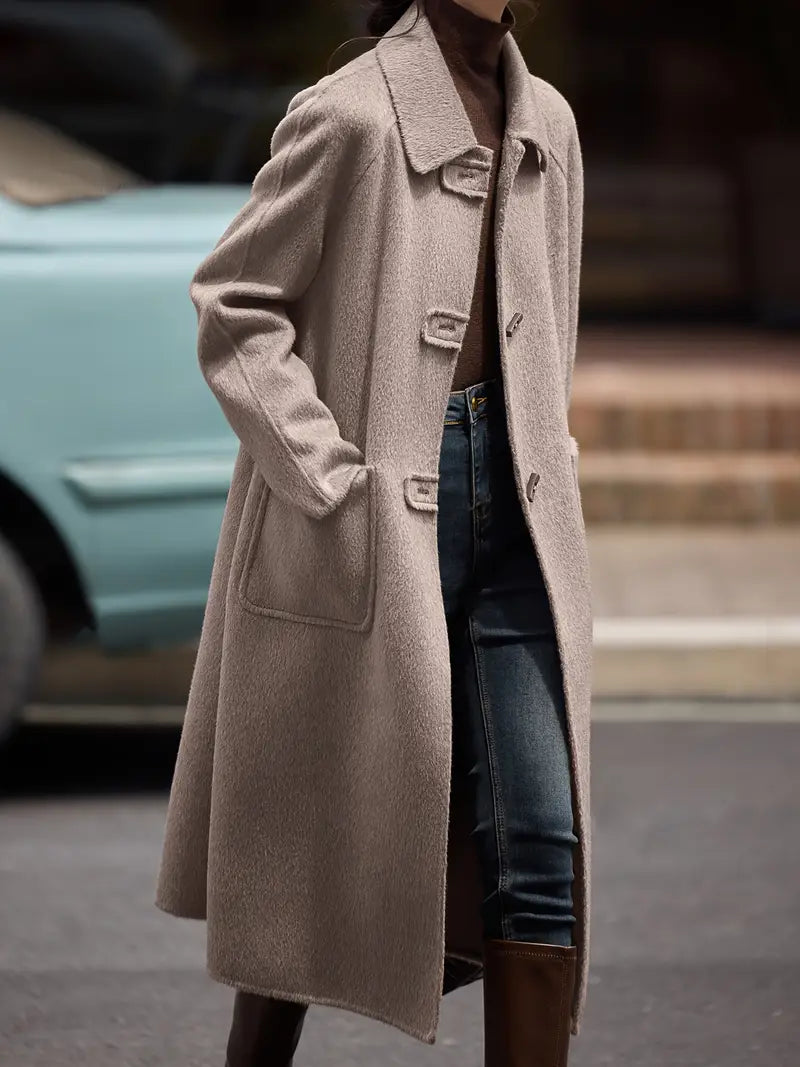 Women's Winter Tweed Coat - 100% Wool Handcrafted Dual-Sided Long Coat with Front Pockets, H-Silhouette Regular Fit for Professional & Casual Wear, Quality Tailoring