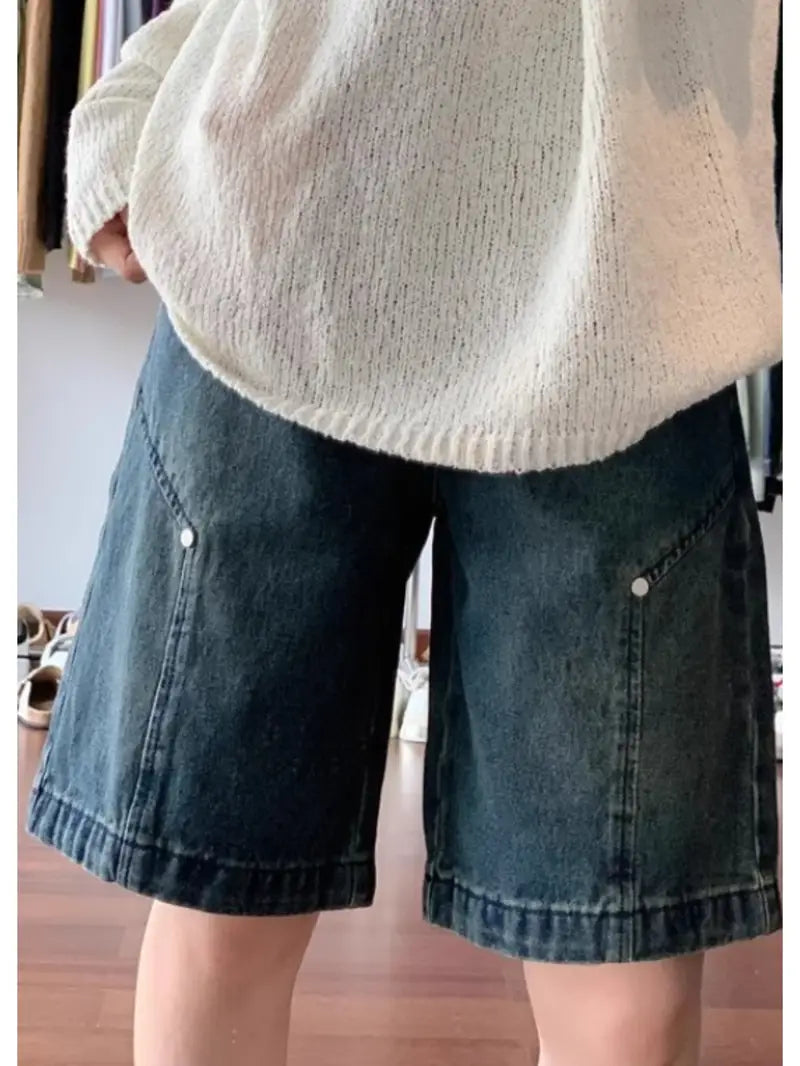 Women'S High-Waist Slim Straight Leg Denim Shorts - Mid-Length, Button Closure, Casual Summer Style, Light Blue, High Waist Shorts