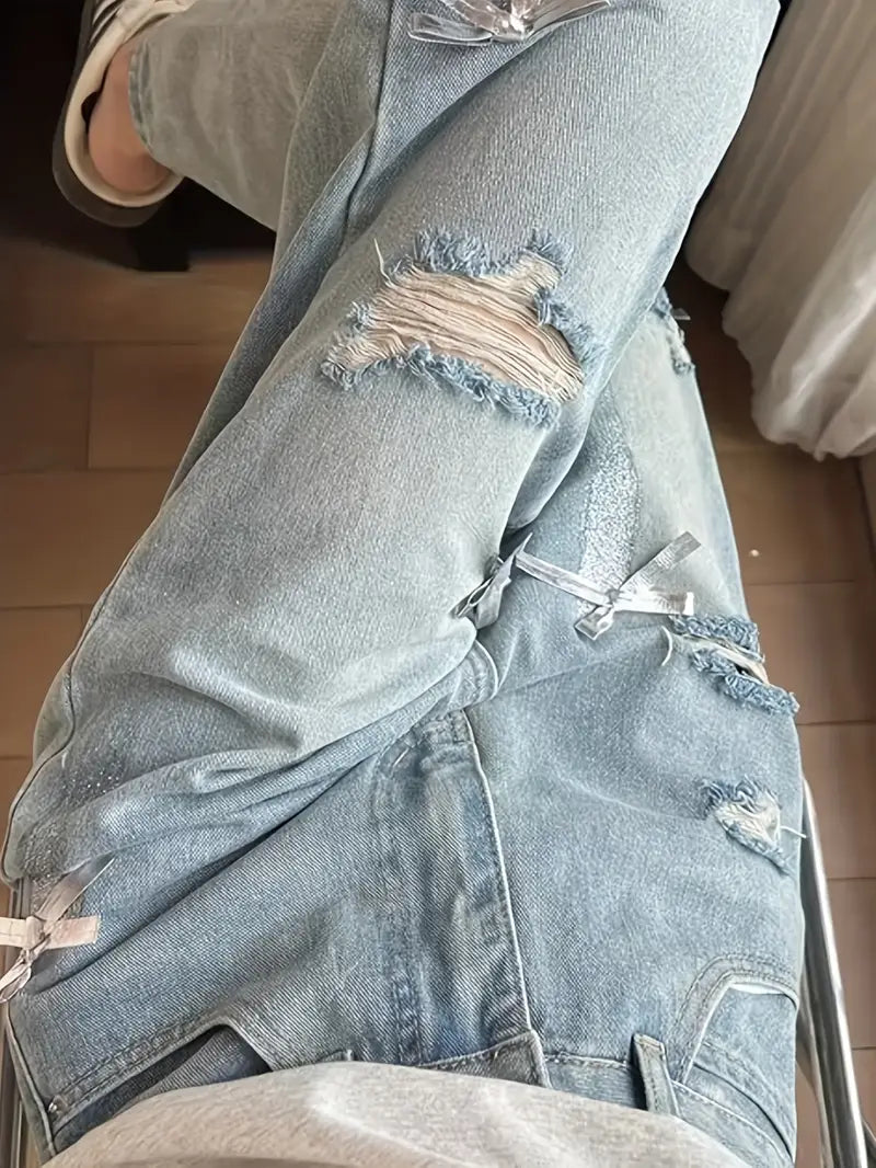 Retro Blue Distressed Women'S Jeans - High-Rise Loose Straight Cut, Frayed Hem Design, Casual 90s Style & Long Flow Y2K Denim Pants, All-Season Comfort, High Waist Jeans, Everyday Fashion, Durable Fabric