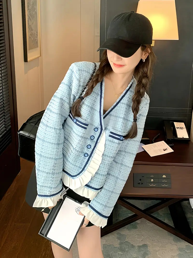 Chic Light Blue Tweed Blazer for Women - Stylish Short Jacket with Ruffle Trim, Button Front, Long Sleeves, and Round Collar - Perfect for Spring & Fall, Autumn Stylish Outfit | Princess Sleeve Jacket | Tailored Fit Blazer