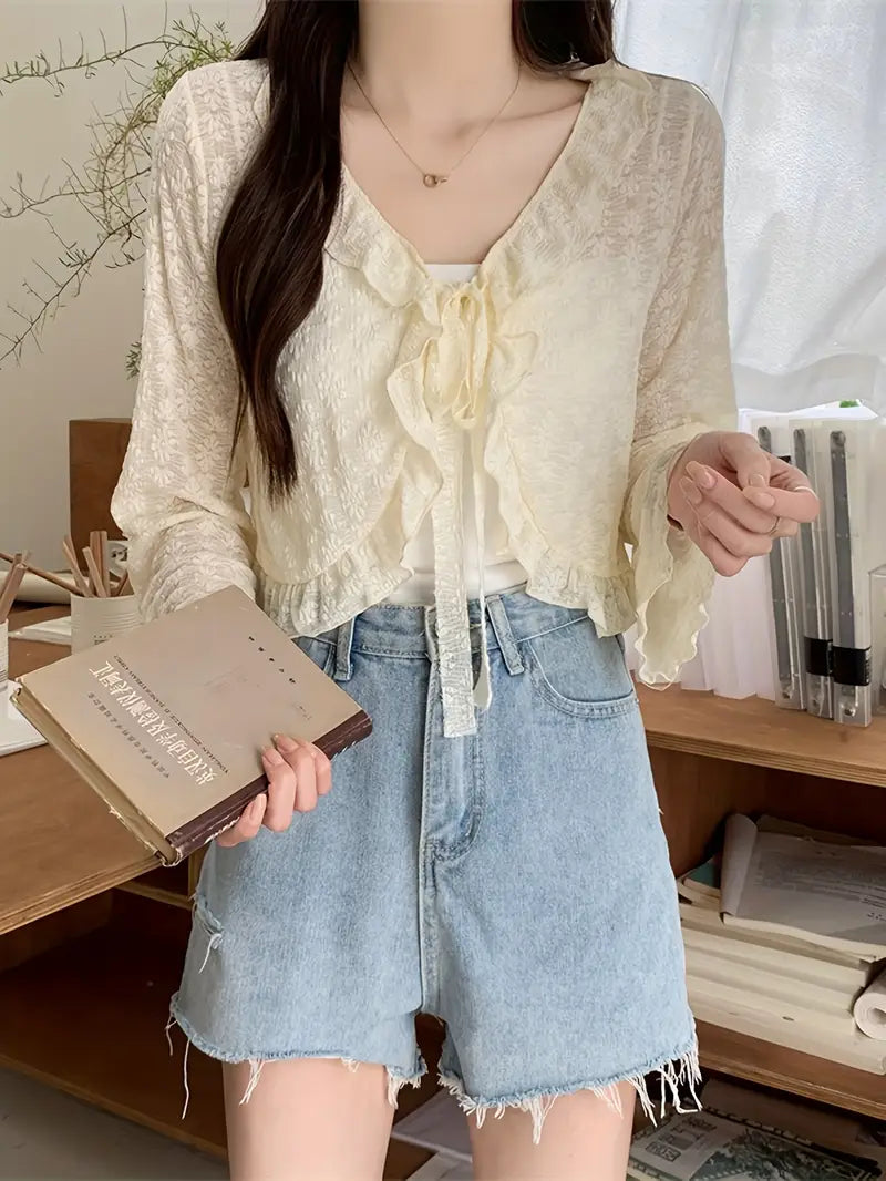 Lightweight Breathable Solid Color Shawl Short Lace Cardigan | Women's Top with Tie and Ruffle Design, Perfect for Spring/Summer Outings or Casual Wear