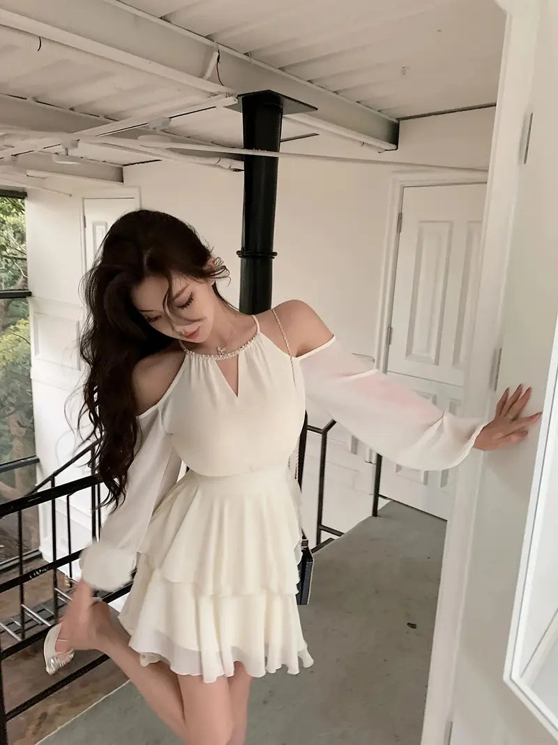 Women's Elegant French Chic Long Sleeve Dress - Flattering A-Line Silhouette, Machine Washable Formal & Everyday Outfit
