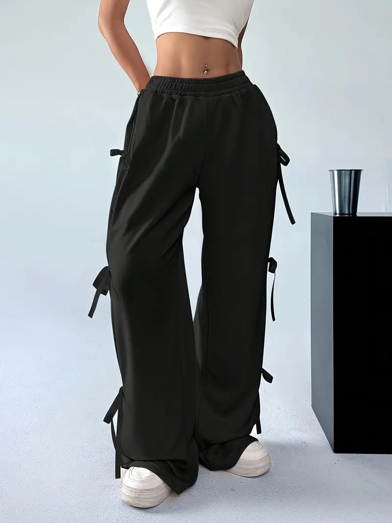 Elegant Women's Solid Color Jogger Pants | Wide-Leg, Machine-Washable, Casual Athletic Lounge Pants with Bow Accents, Side Pockets, Drawstring Waist, Quality Stitching