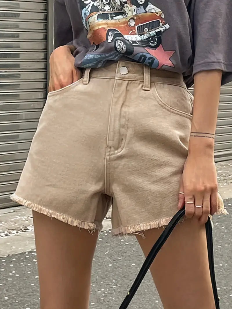 Women's High-Waisted Denim Skort Shorts with Raw Hem - Retro Style, Light Wash, Side Slit, Summer Casual Jean Skirt Shorts for Casual Attire