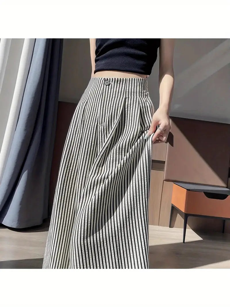 Women's Japanese Style Striped Dress Pants - High-Waist Straight Leg Trousers with Wide-Leg Fit, Black & White Horizontal Stripes - Elegant Drape Fabric for Work, Casual & Semi-Formal Outfits