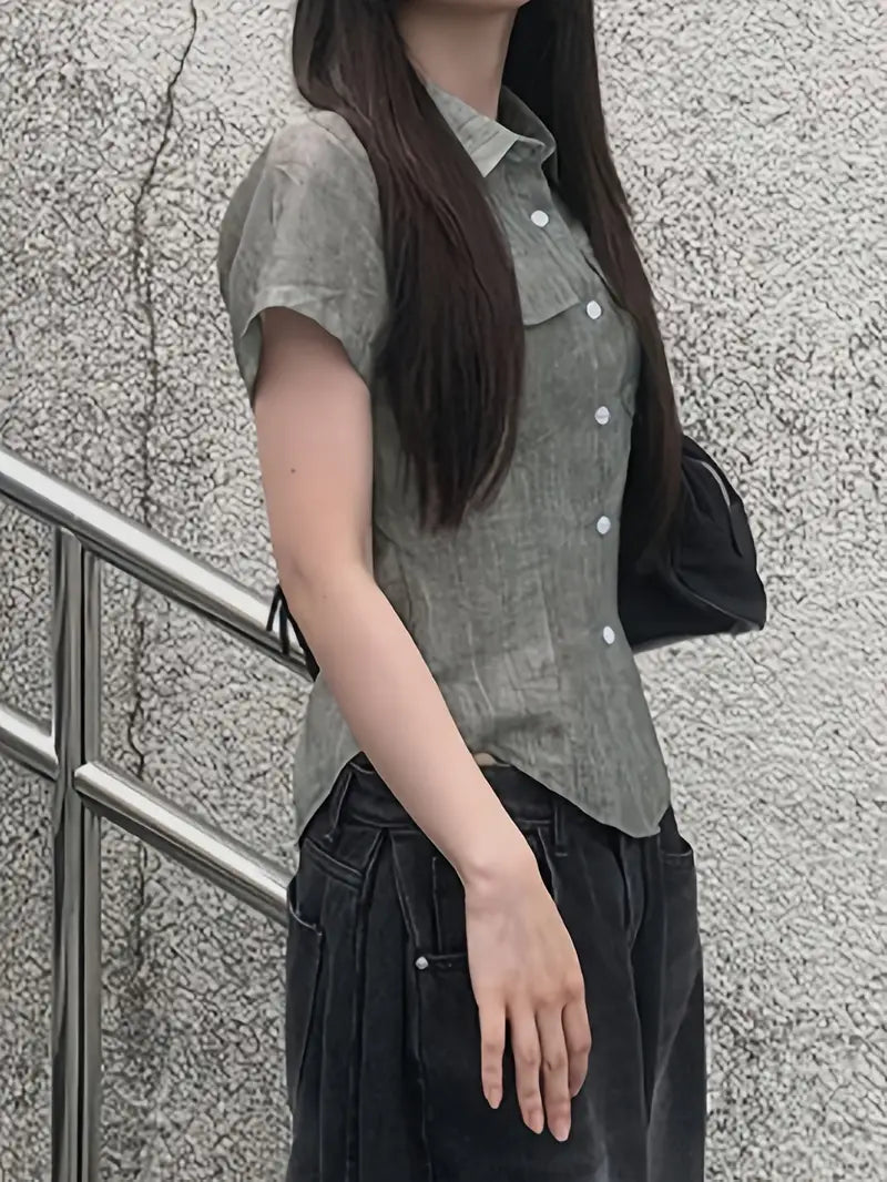 Women's Japanese Korean Style Shirt - Lightweight Button-Front Blouse, Non-See-Through Fabric for Office, Semi-Formal Events - Machine Washable Women's Tops (Spring/Summer Casual Shirt), Summer Fashion, Classic Collar Design, Easycare Clothing