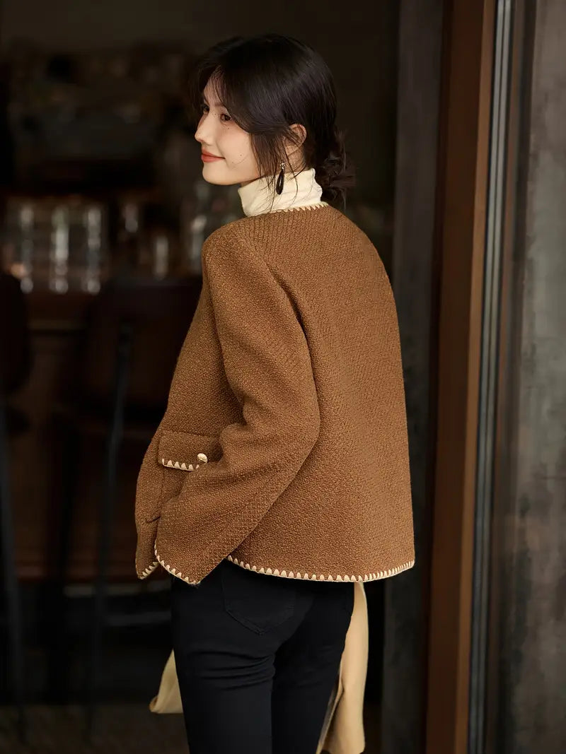 1pc XWI Elegant Polyester Knit Cardigan - Women'S Color Block Long Sleeve Casual Jacket with Contrast Binding, Single Breasted Placket, Non-Stretch Fabric for Fall/Winter Outings