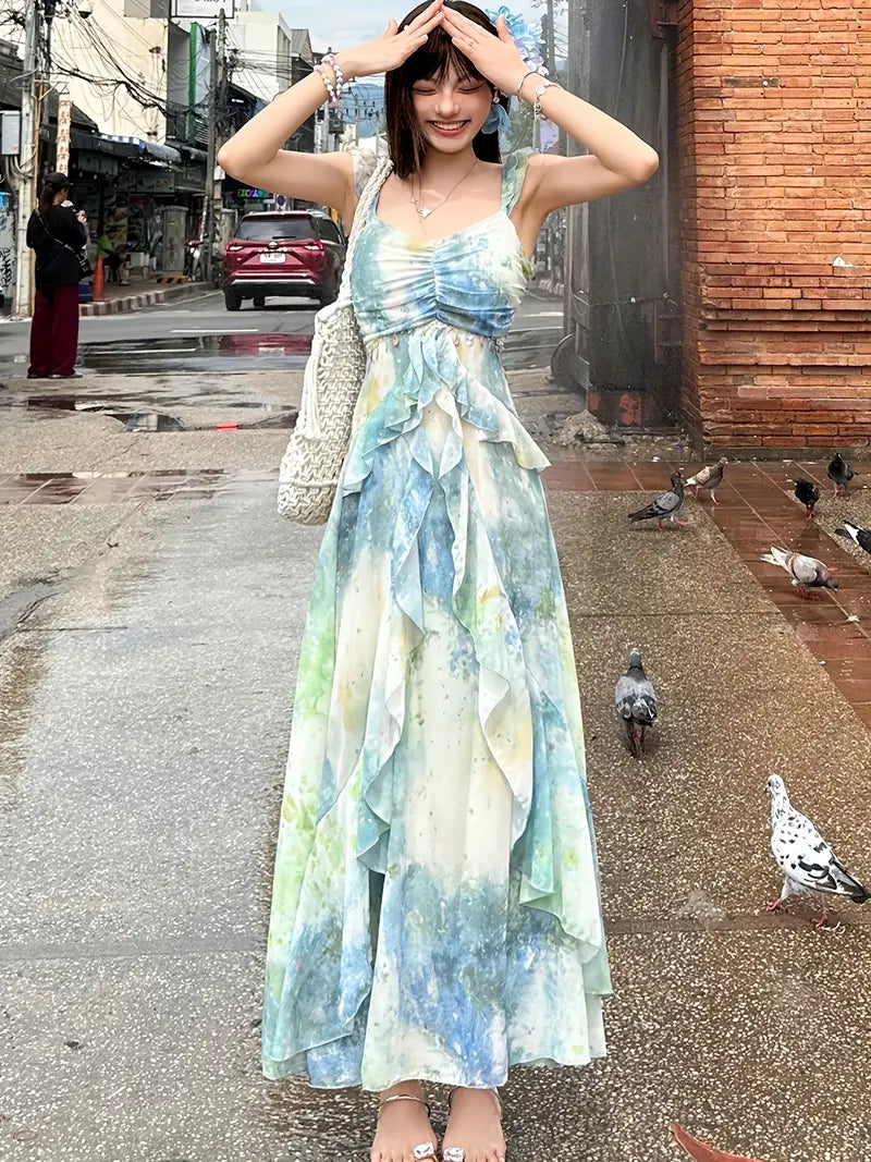 Women'S Floral beach dress - Flowy maxi gown with spaghetti straps, Formal casual event party Outfit - Elegant Floral print in Green/Blue/Beige
