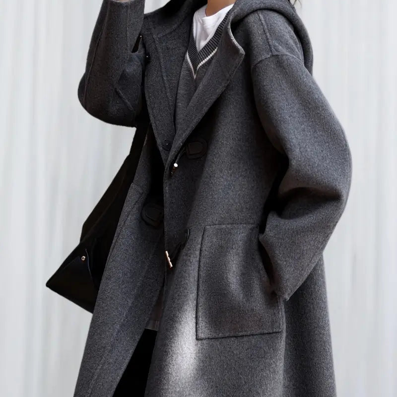 Winter Tweed Coat - Middle Eastern-Inspired Hooded Dual-Sided Breasted Wide H-Line Cut, Mid-Length Fall Shoulder Sleeves, Solid Color Elegant Special Collection Coat for Cold Weather, Stylish Streetwear, Quality Tailoring, No Stretch Fabric