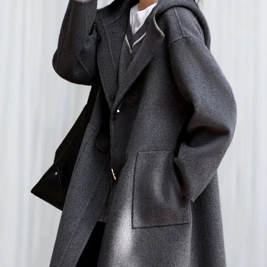 Winter Tweed Coat - Middle Eastern-Inspired Hooded Dual-Sided Breasted Wide H-Line Cut, Mid-Length Fall Shoulder Sleeves, Solid Color Elegant Special Collection Coat for Cold Weather, Stylish Streetwear, Quality Tailoring, No Stretch Fabric