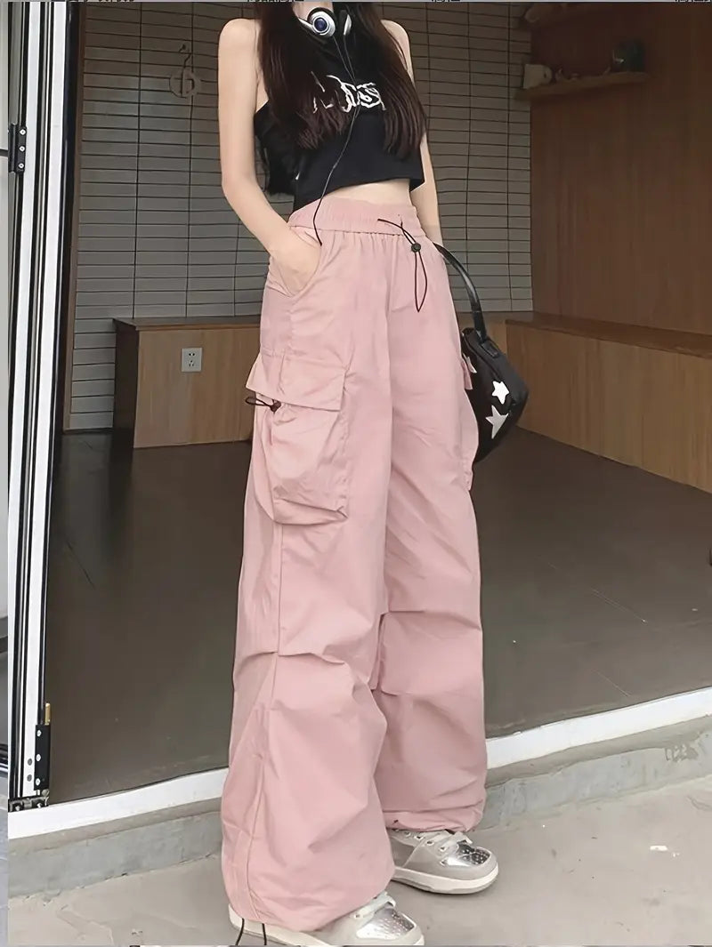 Y2K Pink Wide-Leg Cargo Pants - High-Waisted, Elastic Drawstring Waist with Adjustable Drawstring, Multiple Pockets, Streetwear Style, Perfect for Spring/Summer/Fall, Casual Wear Pants | Y2K Fashion | Elastic Waistband Pants