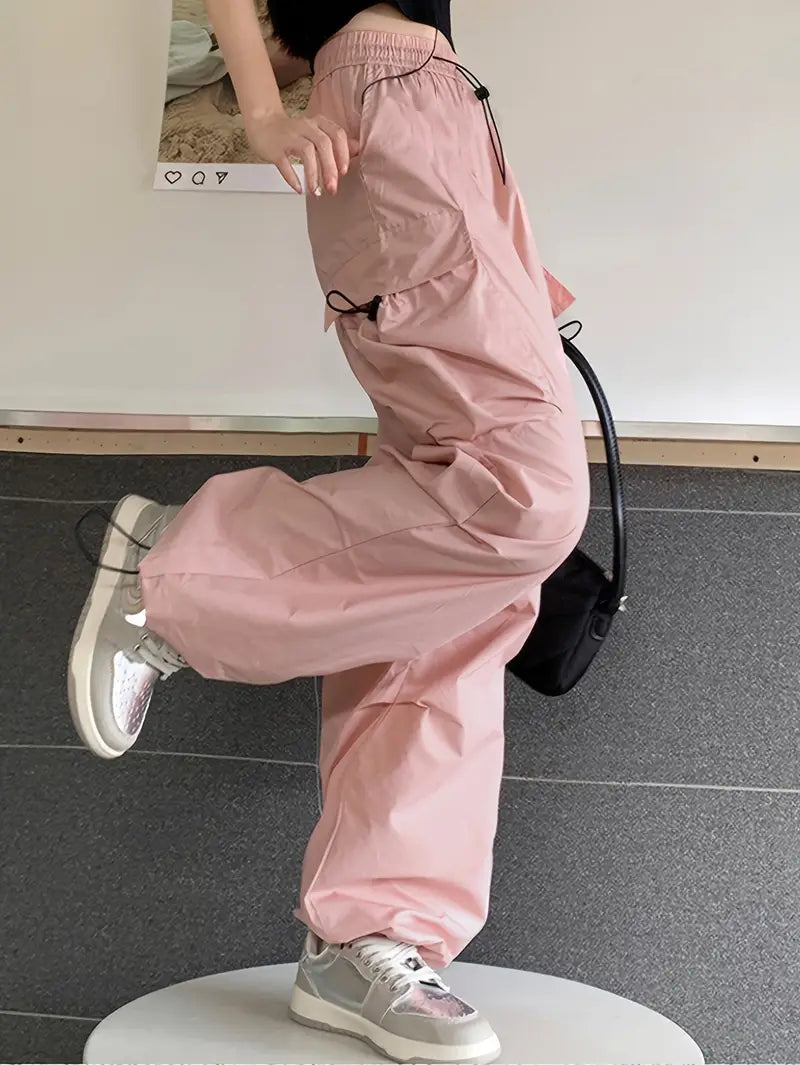 Y2K Pink Wide-Leg Cargo Pants - High-Waisted, Elastic Drawstring Waist with Adjustable Drawstring, Multiple Pockets, Streetwear Style, Perfect for Spring/Summer/Fall, Casual Wear Pants | Y2K Fashion | Elastic Waistband Pants