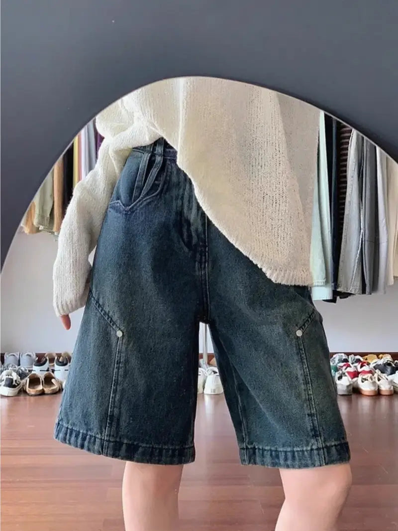 Women'S High-Waist Slim Straight Leg Denim Shorts - Mid-Length, Button Closure, Casual Summer Style, Light Blue, High Waist Shorts
