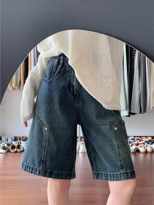 Women'S High-Waist Slim Straight Leg Denim Shorts - Mid-Length, Button Closure, Casual Summer Style, Light Blue, High Waist Shorts