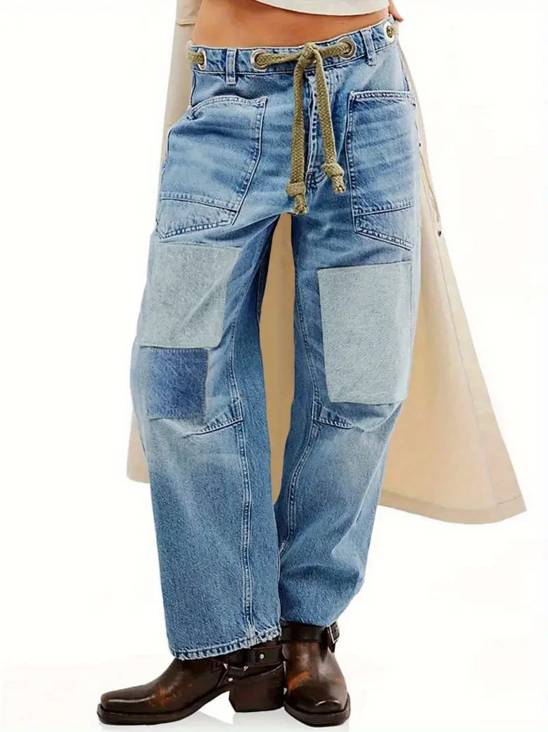 Women'S Boyfriend Jeans-like Pants - Loose Fit Spaghetti Strap Trousers with Drawstring Waist, All-Season Casual Pants for Everyday & Formal Outfits, Non-Stretchy Structured Legs