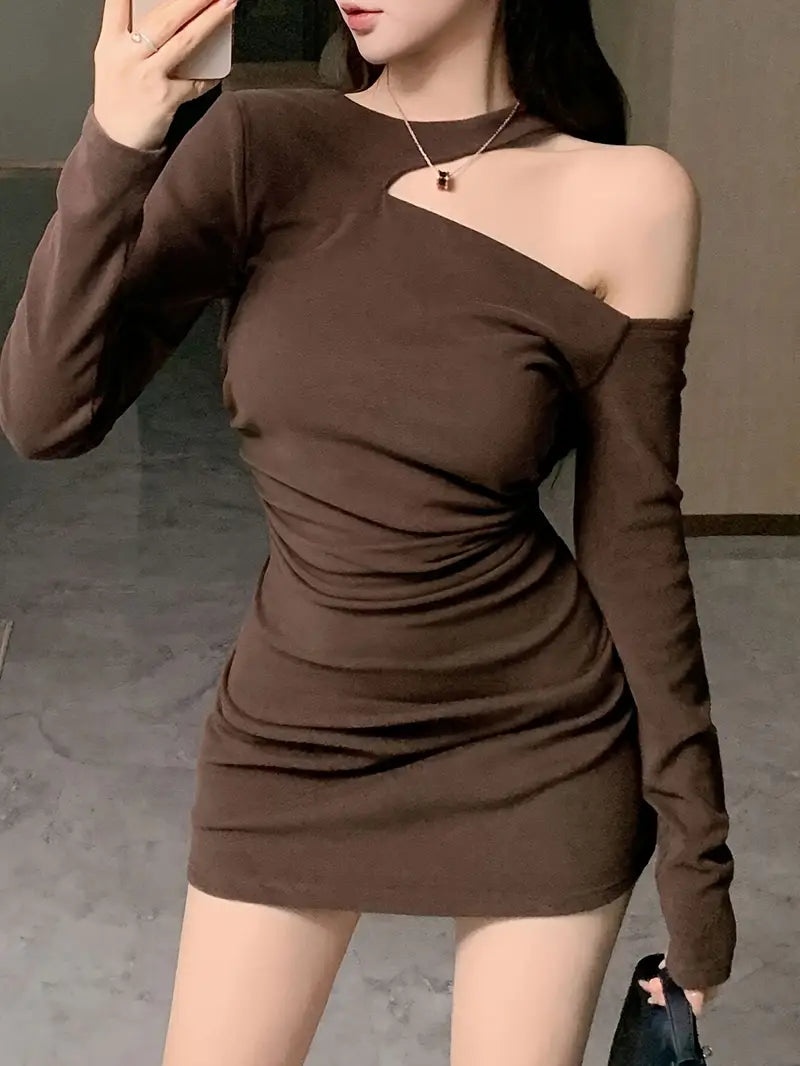 Women's Solid Color Long Sleeve Off-Shoulder Mini Dress | Elegant Brown Bodycon | Ruched Detail | Perfect for Spring/Summer | Casual to Formal Attire
