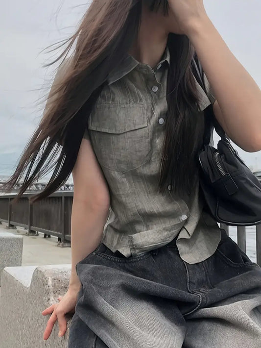 Women's Japanese Korean Style Shirt - Lightweight Button-Front Blouse, Non-See-Through Fabric for Office, Semi-Formal Events - Machine Washable Women's Tops (Spring/Summer Casual Shirt), Summer Fashion, Classic Collar Design, Easycare Clothing