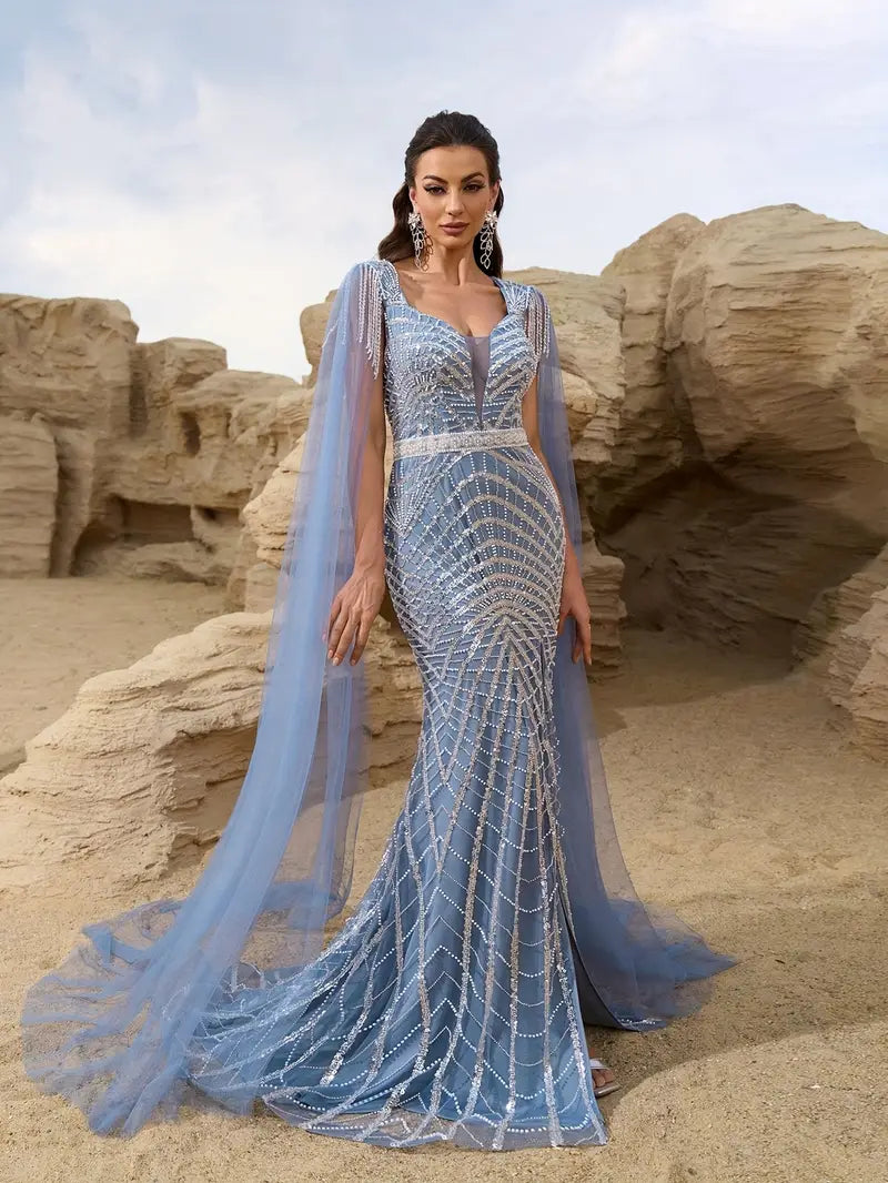 Elegant Middle Eastern-Inspired Women's Backless Evening Gown - Heart Neckline, Long Train & High Slit, Sequin-Embellished Blue Gown with Padded Bust & Cape Sleeves for Weddings, Galas, Spring/Summer Formal Events