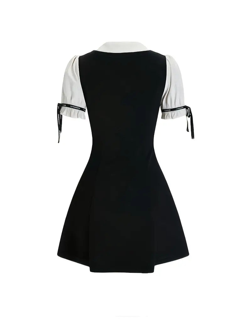 Women's One-Piece Fake Two-Piece dress - Preppy Chic with Adjustable Collar & Cuffs, Flattering A-Line Mini Skirt, Black & White colorblock Outfit for Office