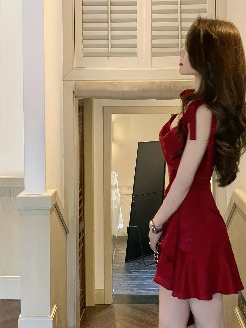 Women'S Red Off-Shoulder Ruffled Mini Dress - Sexy Backless Summer Beach Dress with Tie Waist, Lightweight Polyester for Vacation & Casual Outings, Beach Dress