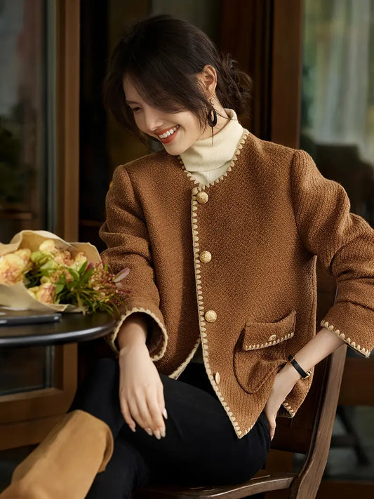 1pc XWI Elegant Polyester Knit Cardigan - Women'S Color Block Long Sleeve Casual Jacket with Contrast Binding, Single Breasted Placket, Non-Stretch Fabric for Fall/Winter Outings