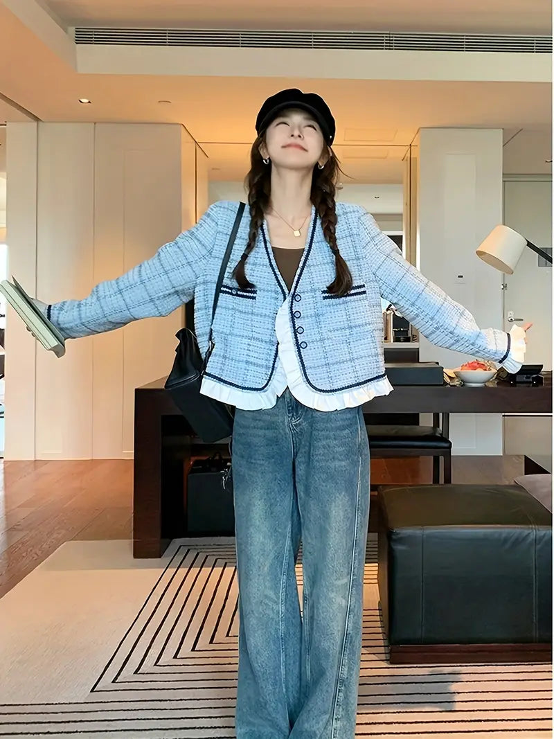 Chic Light Blue Tweed Blazer for Women - Stylish Short Jacket with Ruffle Trim, Button Front, Long Sleeves, and Round Collar - Perfect for Spring & Fall, Autumn Stylish Outfit | Princess Sleeve Jacket | Tailored Fit Blazer