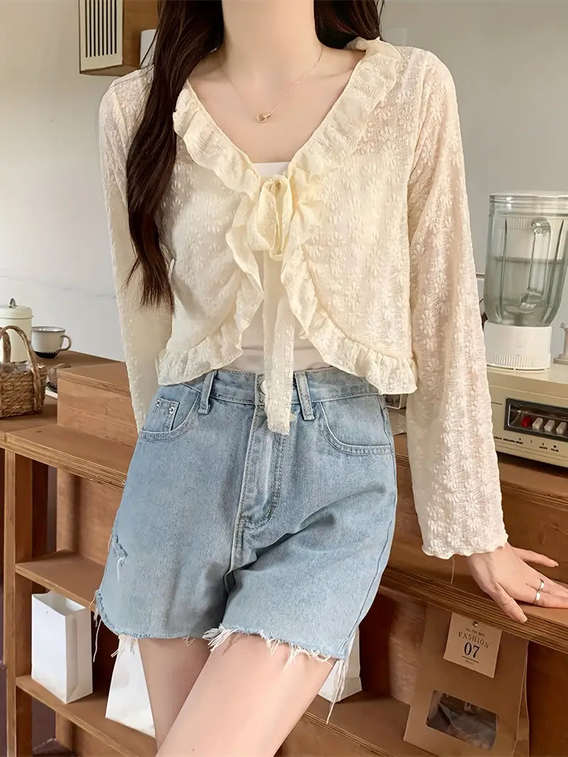 Lightweight Breathable Solid Color Shawl Short Lace Cardigan | Women's Top with Tie and Ruffle Design, Perfect for Spring/Summer Outings or Casual Wear